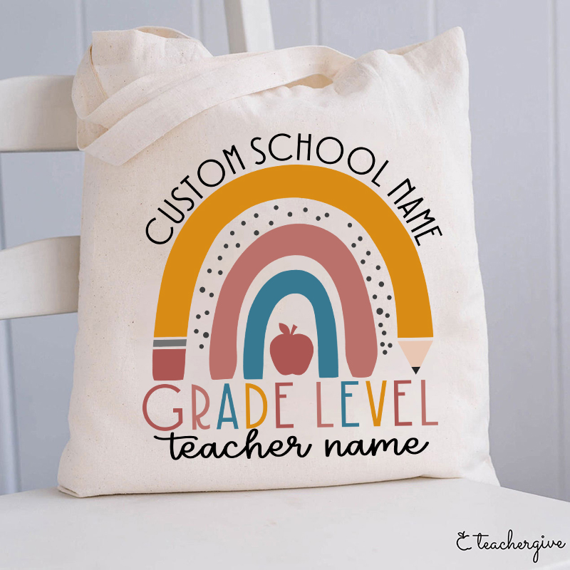 Personalized Name Rainbow Apple Teacher Tote Bag