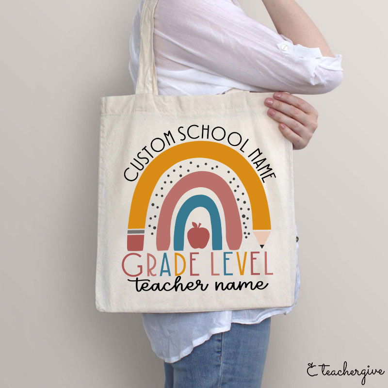Personalized Name Rainbow Apple Teacher Tote Bag
