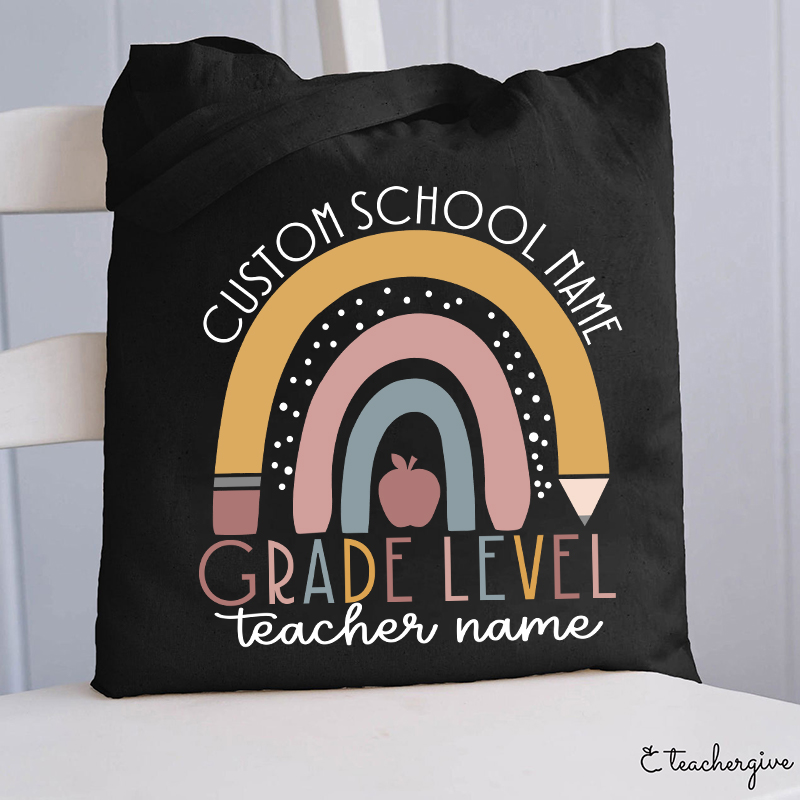Personalized Name Rainbow Apple Teacher Tote Bag