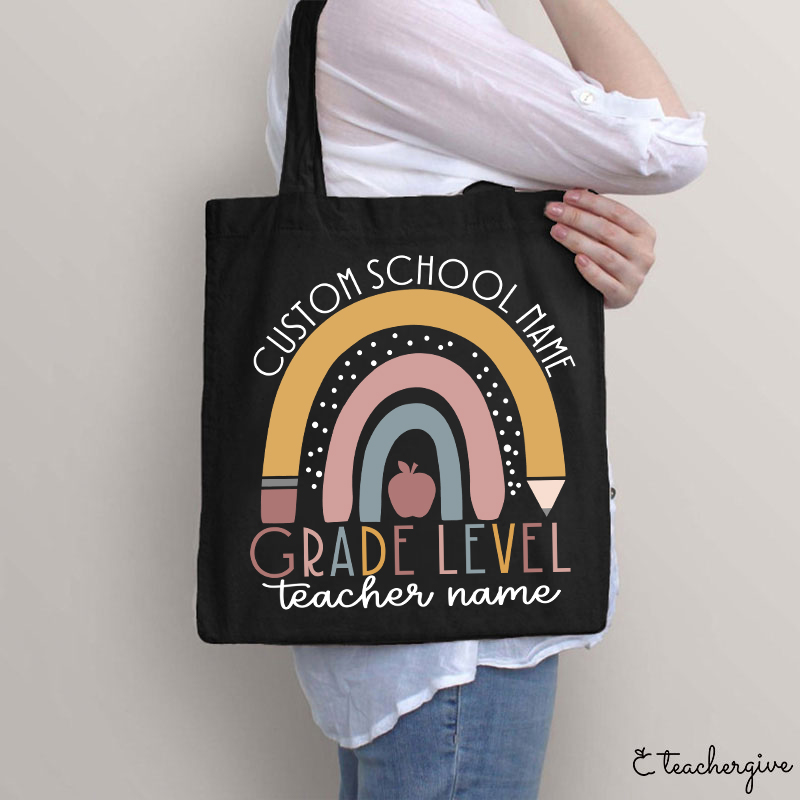 Personalized Name Rainbow Apple Teacher Tote Bag
