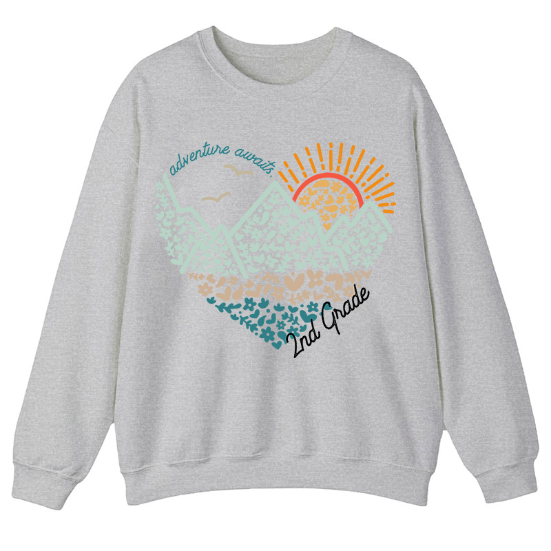 Personalized Grade Adventure Awaits Flower Mountain Sun Teacher Sweatshirt