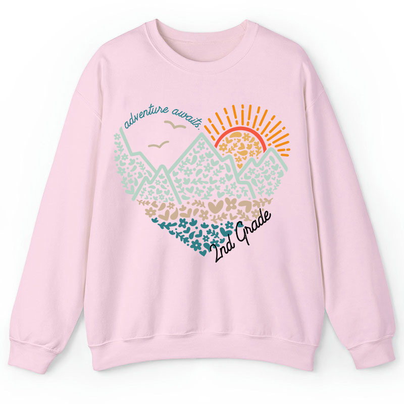 Personalized Grade Adventure Awaits Flower Mountain Sun Teacher Sweatshirt