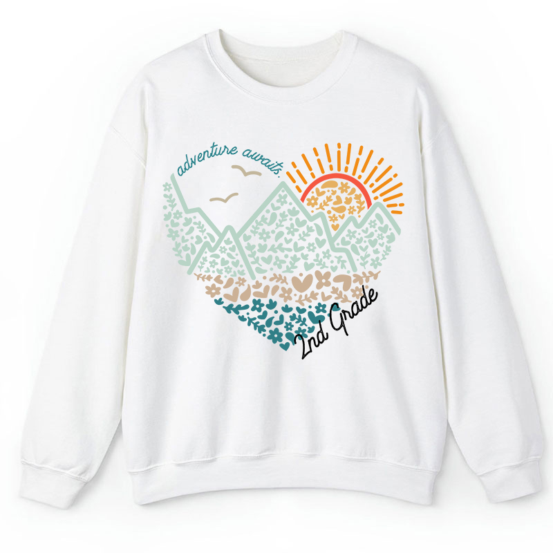 Personalized Grade Adventure Awaits Flower Mountain Sun Teacher Sweatshirt