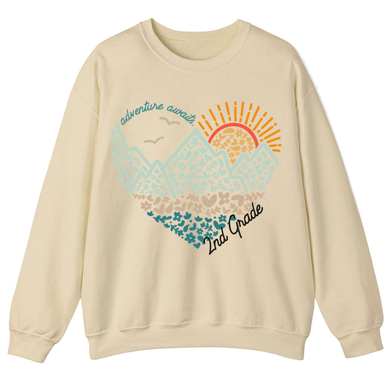 Personalized Grade Adventure Awaits Flower Mountain Sun Teacher Sweatshirt