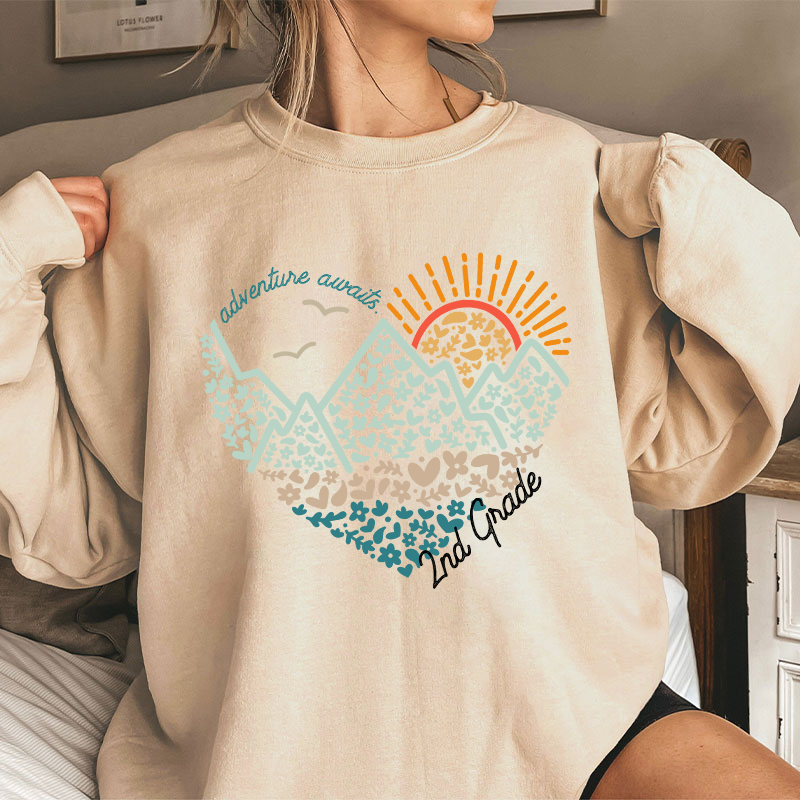 Personalized Grade Adventure Awaits Flower Mountain Sun Teacher Sweatshirt