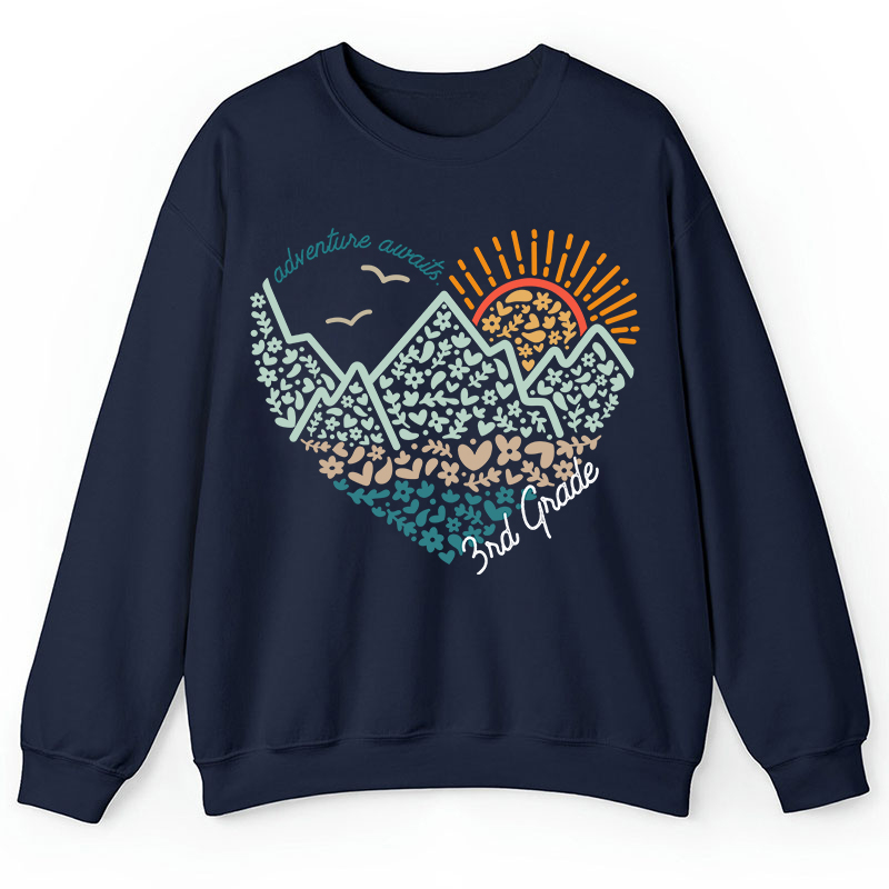 Personalized Grade Adventure Awaits Flower Mountain Sun Teacher Sweatshirt