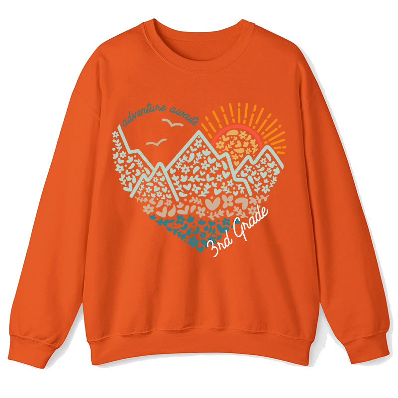 Personalized Grade Adventure Awaits Flower Mountain Sun Teacher Sweatshirt