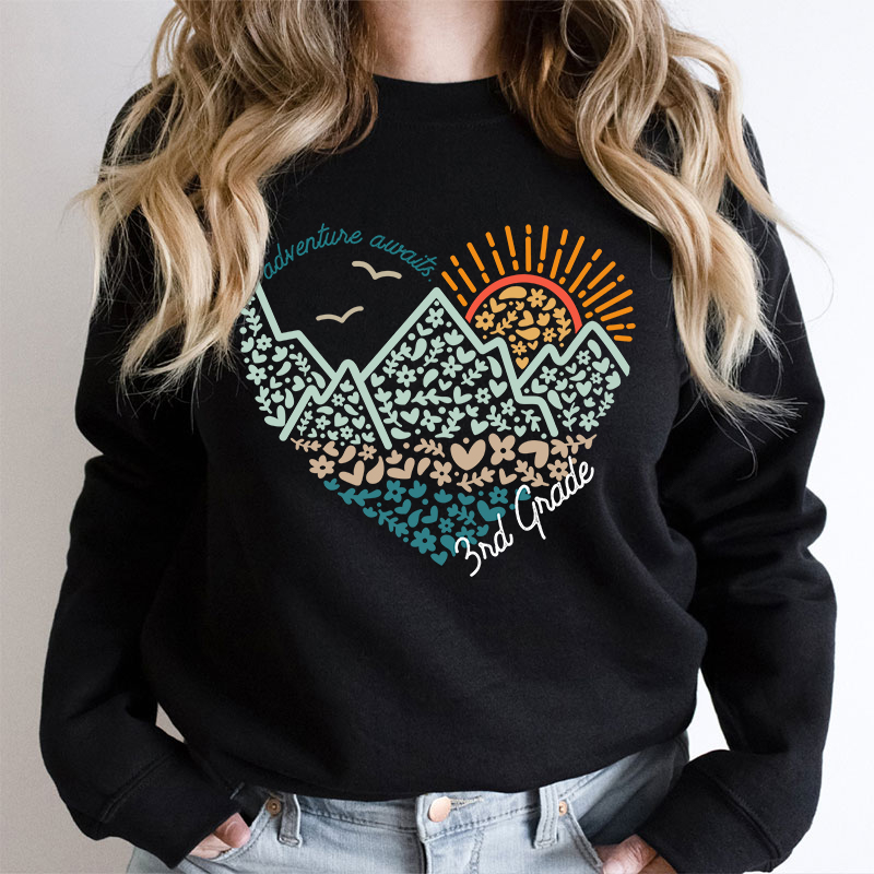 Personalized Grade Adventure Awaits Flower Mountain Sun Teacher Sweatshirt