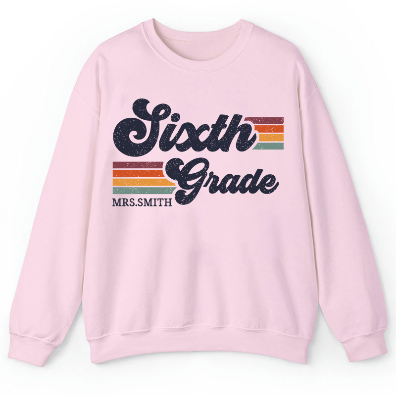 Personalized Grade And Name Retro Horizontal Stripes Teacher Sweatshirt