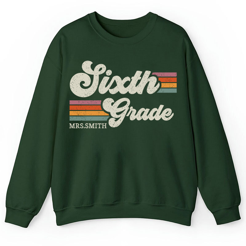 Personalized Grade And Name Retro Horizontal Stripes Teacher Sweatshirt