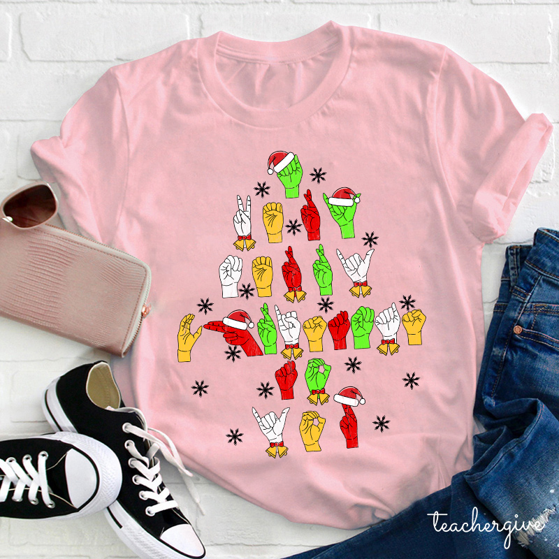 Hand Gesture Christmas Tree Teacher T-Shirt