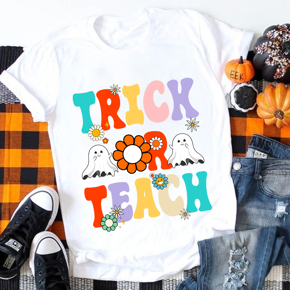 Flower Ghost Halloween Trick Or Teach T-Shirt