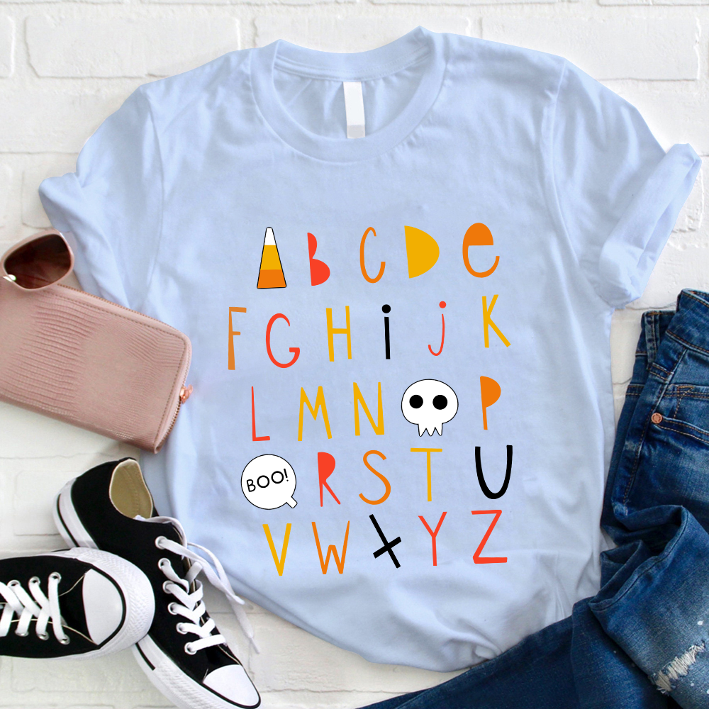 Cartoon Halloween Vibes Alphabet Teacher T-Shirt