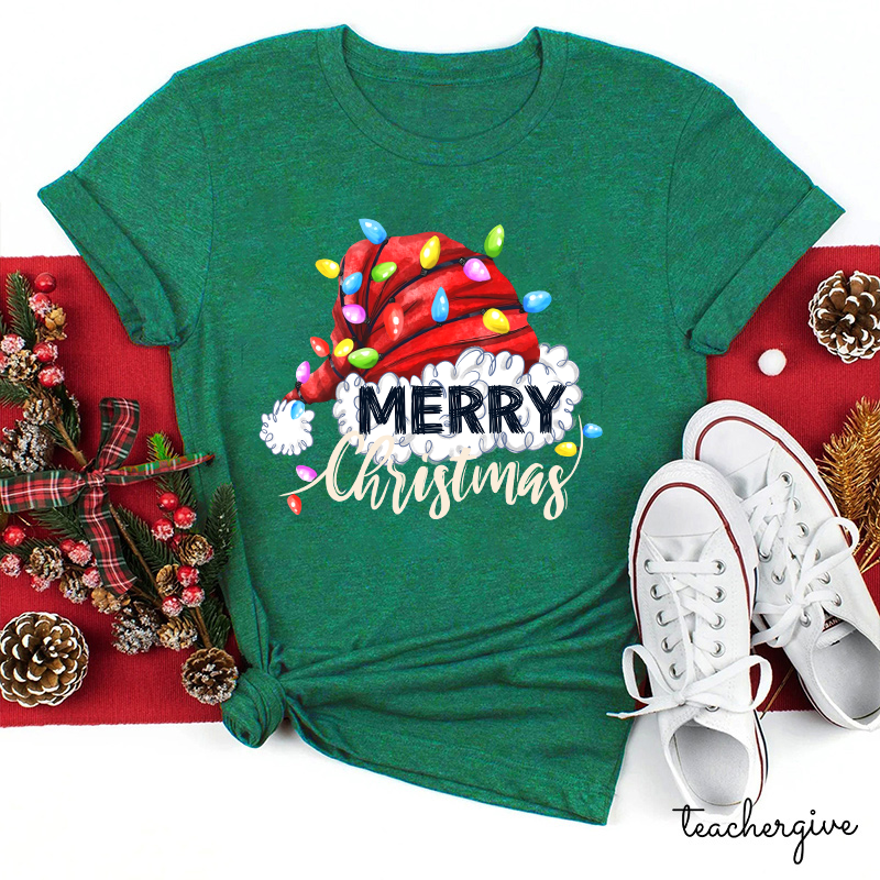 Merry Christmas And Big Red Hat Teacher T-Shirt