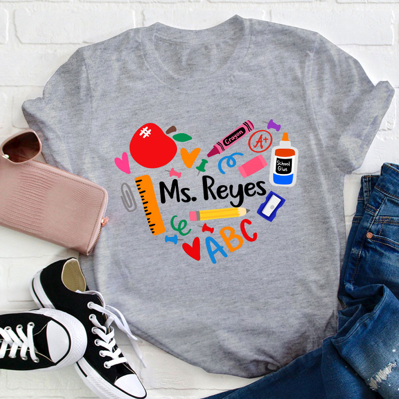 Personalized Name Heart Apple Pencil Ruler Teacher T-Shirt
