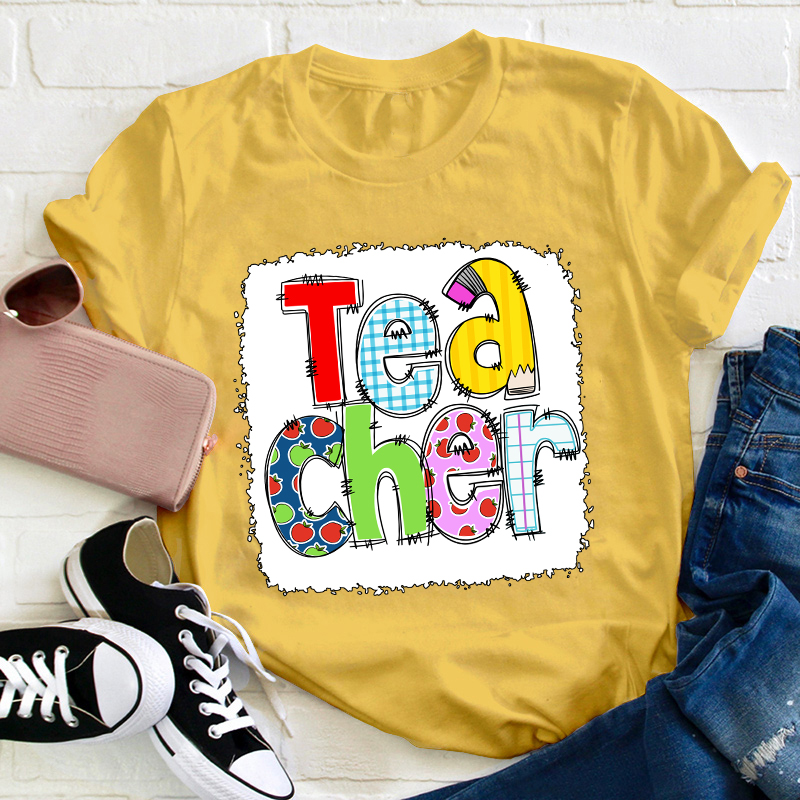 Teacher Letter Pencil Apple Pattern T-Shirt
