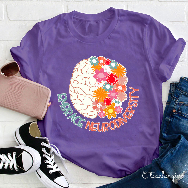 Embrace Neurodiversity Floral Brain Smile Faces Teacher T-Shirt