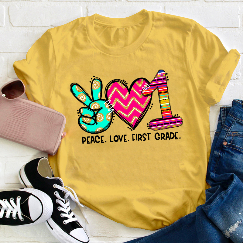Personalized Grade Peace Love Teacher T-Shirt