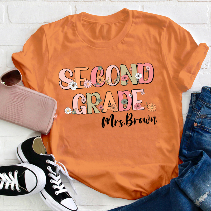 Personalized Name And Grade Flowers Teacher T-Shirt