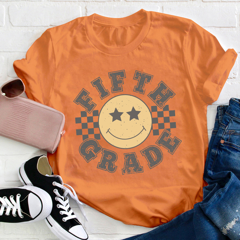 Personalized Grade Checkered Smiley Face Teacher T-Shirt