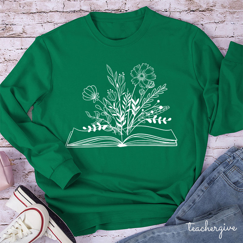 Flowers Book Teacher Long Sleeve T-Shirt-Teachergive
