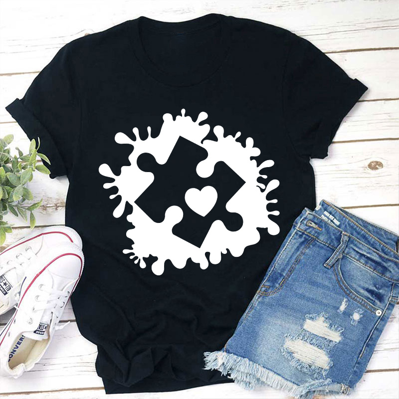 Puzzle Paint Splatter Autism Awareness Teacher T-Shirt