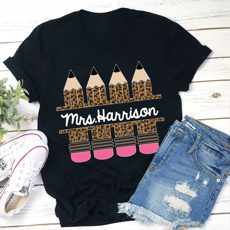 Personalized Name Pink Leopard Pencil Teacher T-Shirt