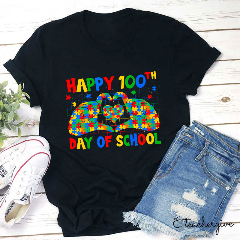 Happy 100th Day Of School Colorful Puzzles SLP Teacher T-Shirt-Teachergive