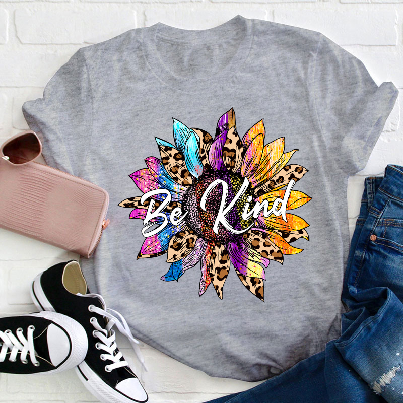 Be Kind Colorful Leopard Sunflower Teacher T-Shirt