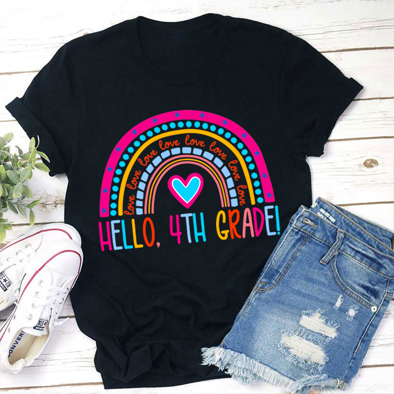 Personalized Grade Pink Rainbow Hello Love Teacher T-Shirt