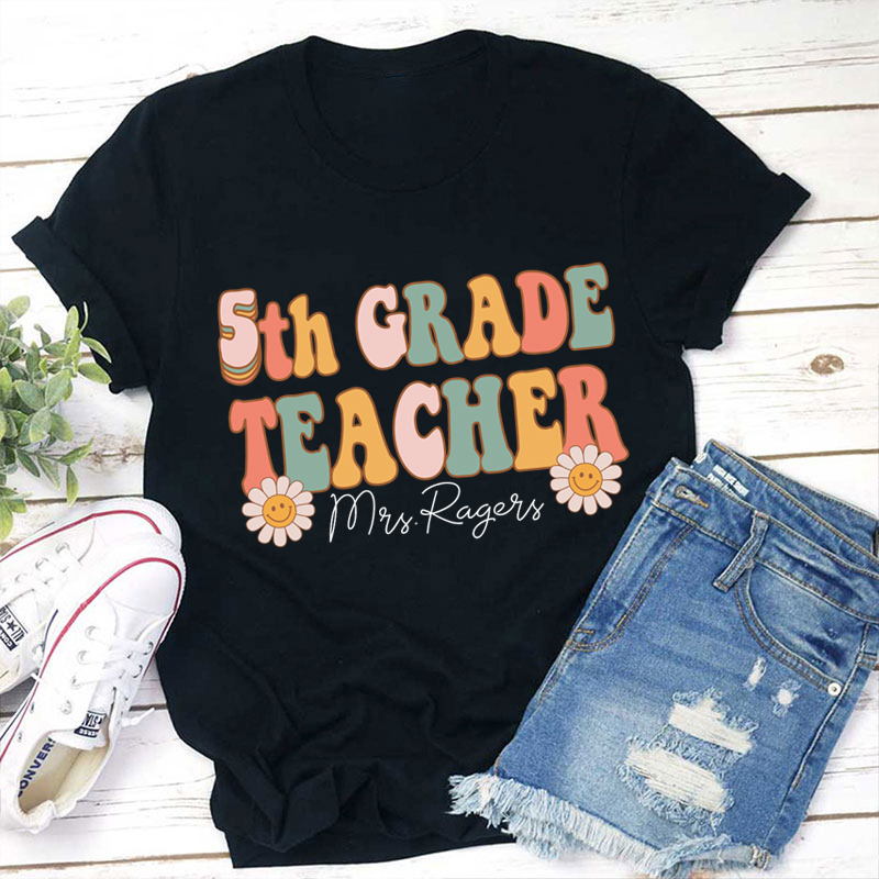 Personalized Pink Flowers Teacher T-Shirt