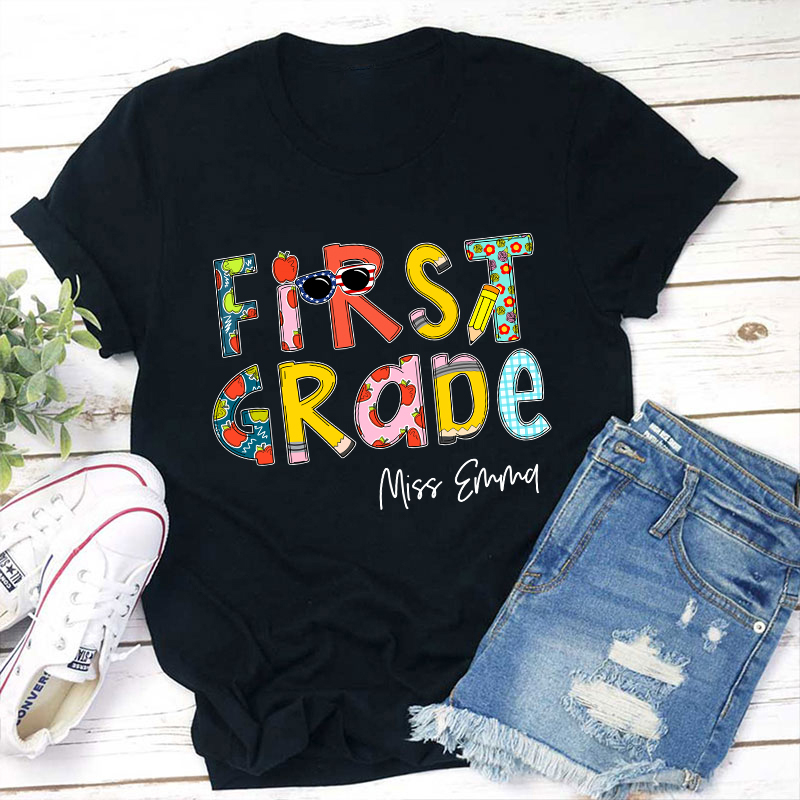 Personalized Name And Grade Colorful Crayon Teacher T-Shirt