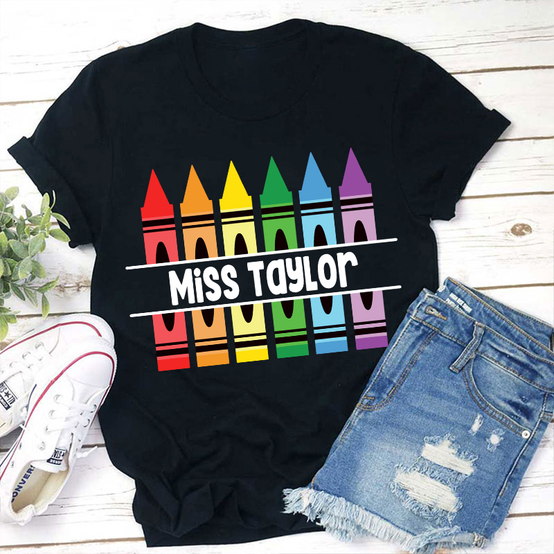 LatestPersonalized Pencil Crayon Teacher Name T-Shirt for Sale-Teachersgram