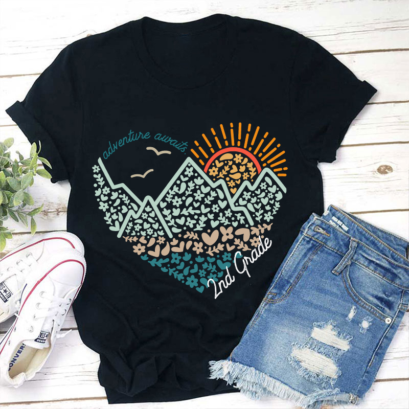 LatestPersonalized Grade Adventure Awaits Flower Mountain Sun Teacher T-Shirt for Sale-Teachersgram