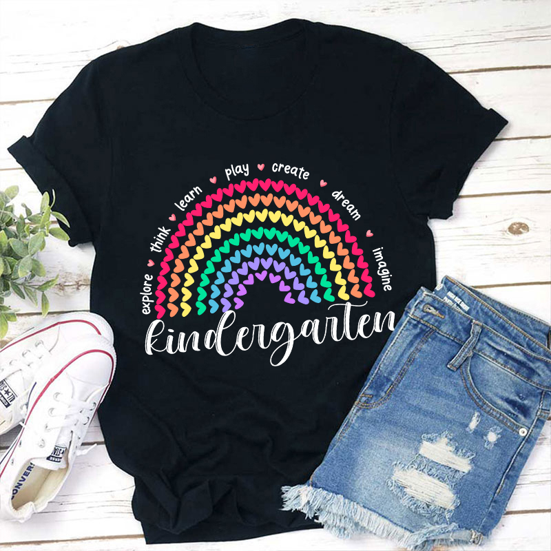 Personalized Grade Kindergarten Explore Think Learn Teacher T-Shirt