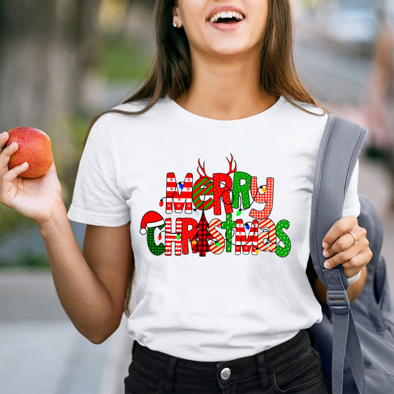 Merry Christmas With Rich Pattern Teacher T-Shirt