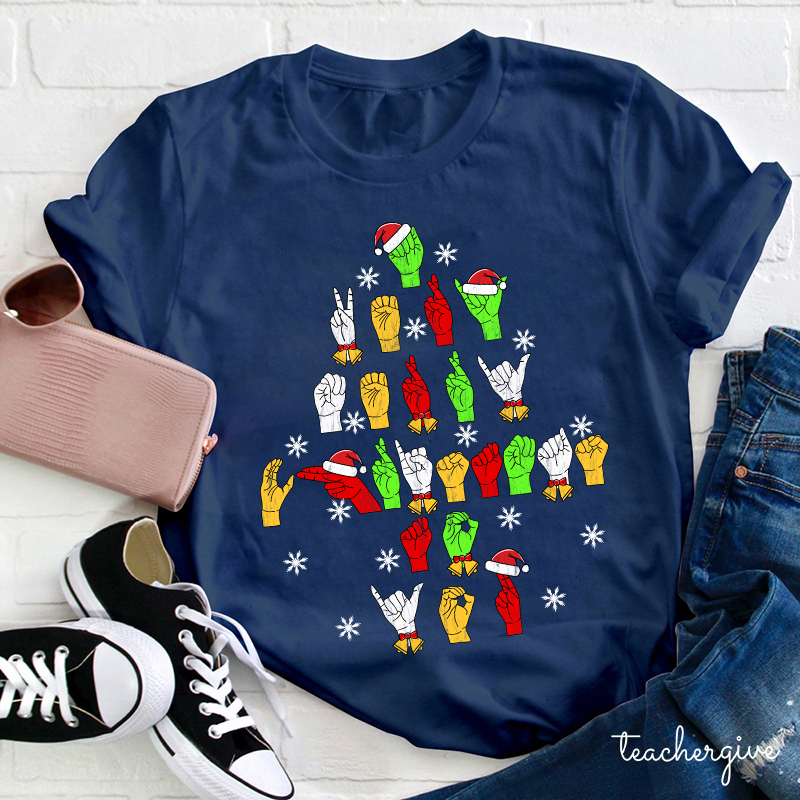 Hand Gesture Christmas Tree Teacher T-Shirt