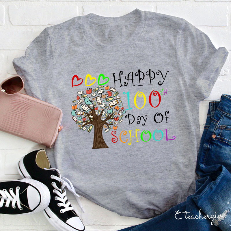 Happy 100 Day Of School Book Tree Teacher T-Shirt