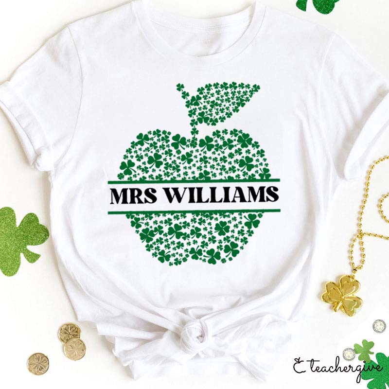 Personalized Name Apple-Shaped Clovers Teacher T-Shirt