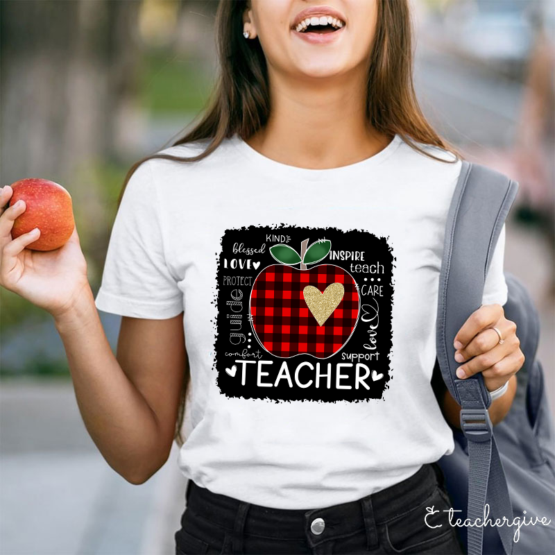 Red Plaid Apple Teacher Life Teacher T-Shirt