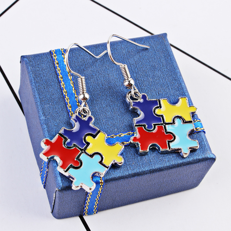 Four Color Puzzle Square Teacher Metal Earrings