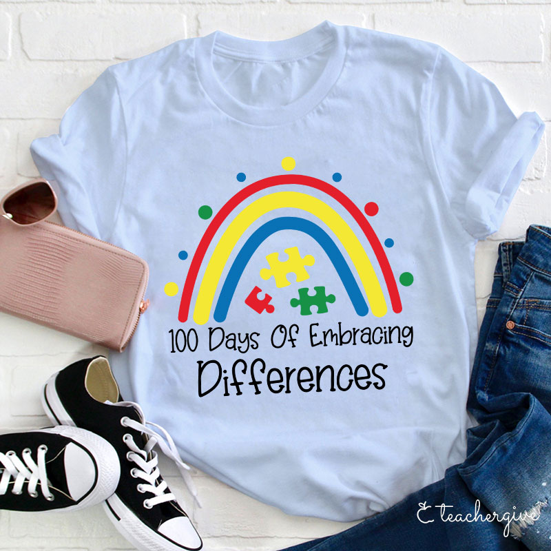 100 Days Of Embracing Differences Rainbow Puzzle Teacher T-Shirt