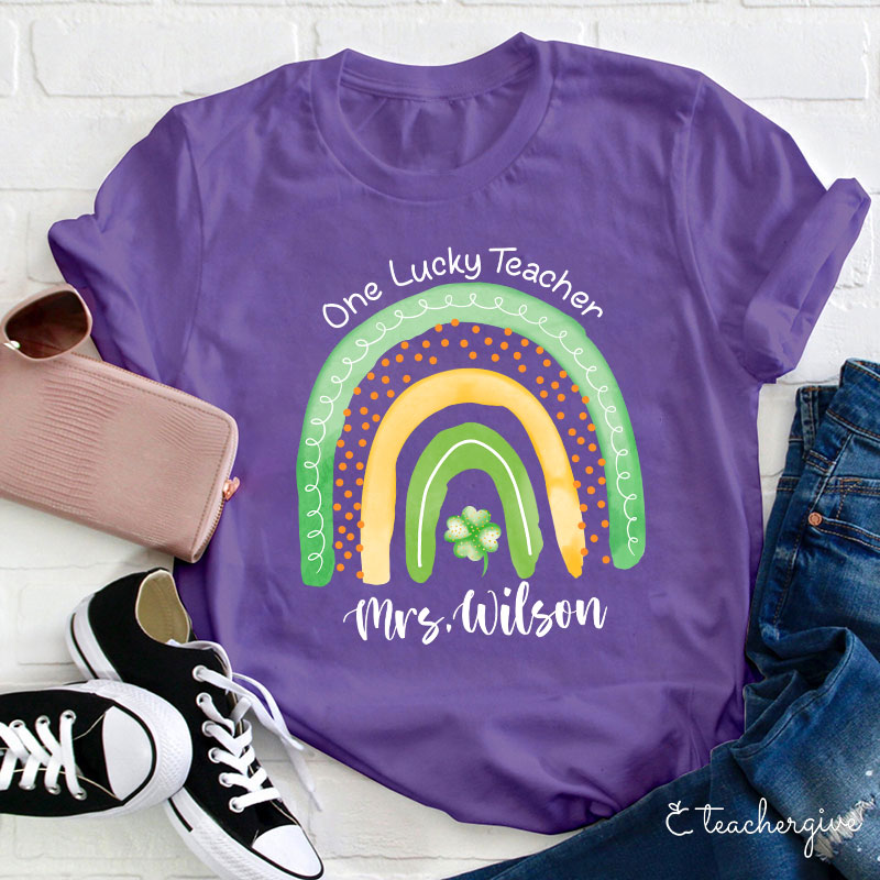 Personalized Name One Lucky Teacher Clover Rainbow Teacher T-Shirt