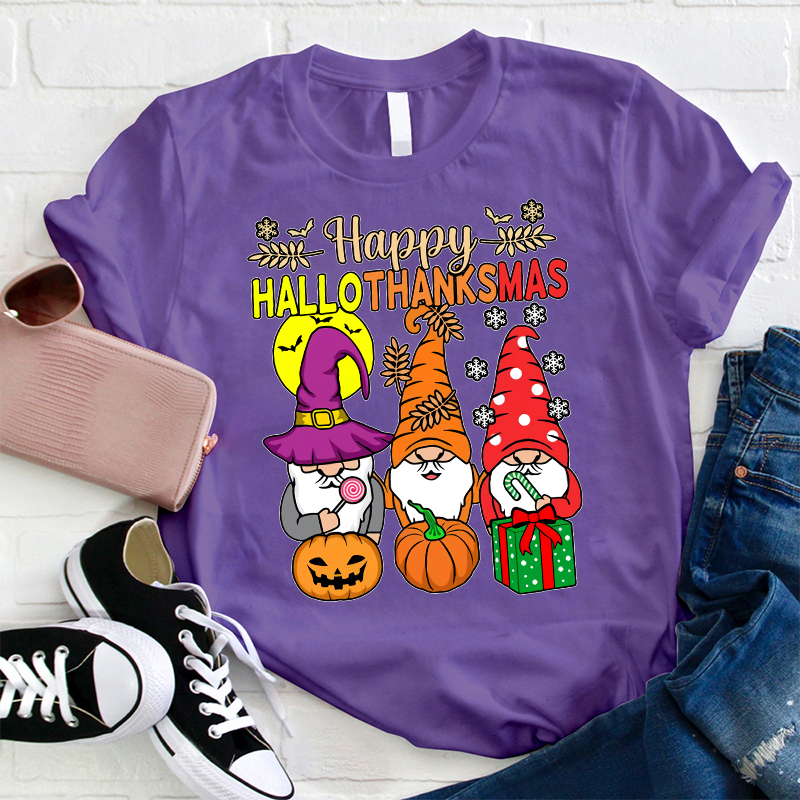Gnomes Siblings Happy Hallothanksmas Teacher T-Shirt