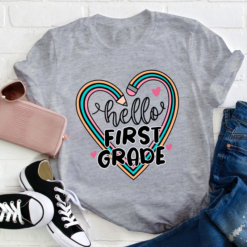 Personalized Grade Hello Pencil Heart Teacher T-Shirt