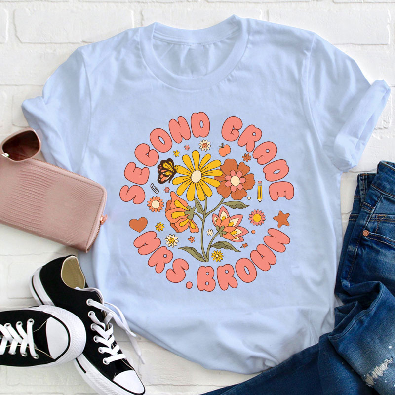 Personalized Name And Grade Flowers Butterfly Teacher T-Shirt