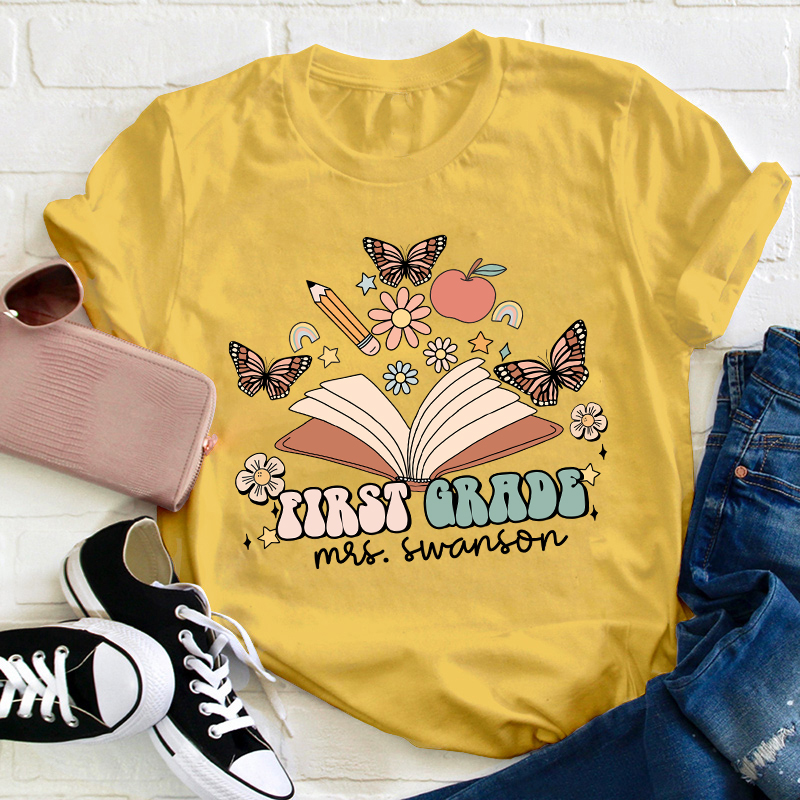 Personalized Name And Grade Books Flowers Butterflies Teacher T-Shirt