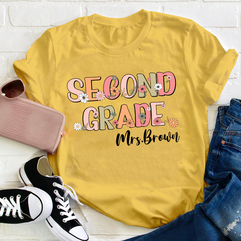 Personalized Name And Grade Flowers Teacher T-Shirt