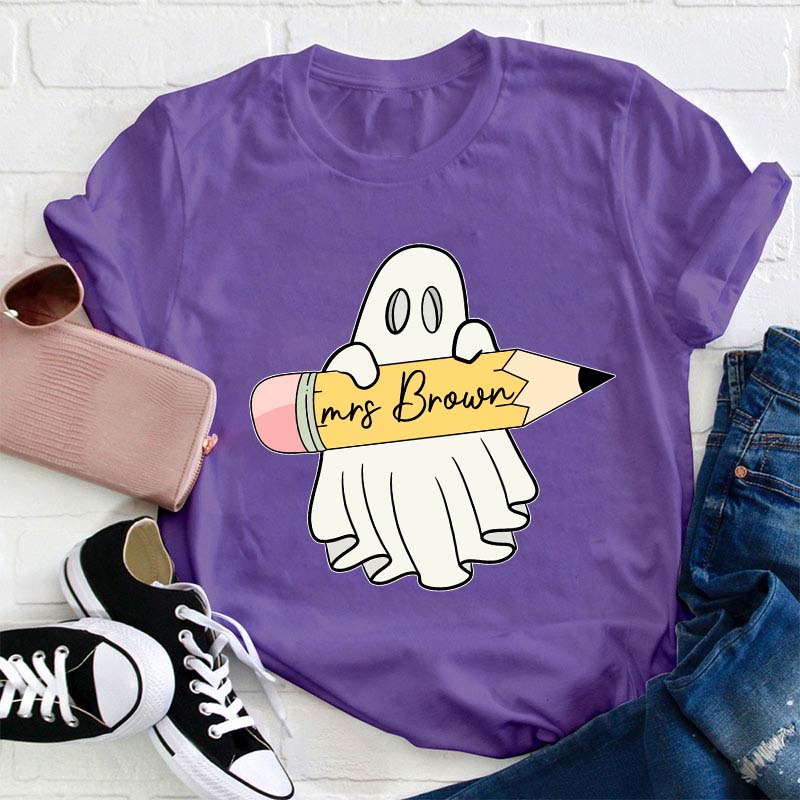 Personalized Name Halloween Ghost Holding A Pencil Teacher T-Shirt