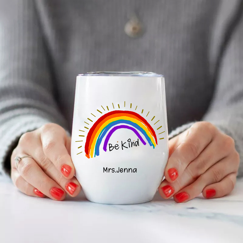 Personalized Be Kind Rainbow   Wine Tumbler
